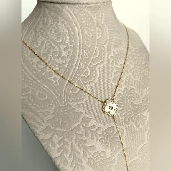 Rachel Zoe Clover Necklace Y Chain Zirconia Mother of Pearl 14k Gold Color - Picture 6 of 7
